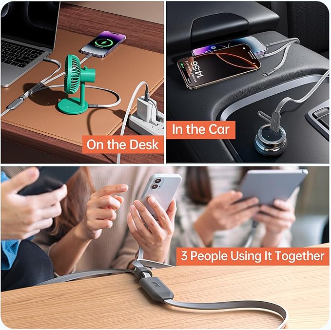 PZOZ 100W USB C & USB A Charging Cable, 3 in 1 Multi Fast Charging at The Same Time, Multiple Charger Cord with Type C[100W]/Lightning[27W]/Micro[10W] for iPhone 17 16 15 14 iPad Pro MacBook Samsung