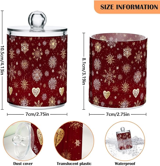 Gredecor Christmas Winter Qtip Holder Dispenser 2 Pack Gold and White Snowflakes Apothecary Jars with Lids Bathroom Vanity Countertop Canister Storage Organizer for Cotton Ball,Swabs,Pads,Floss
