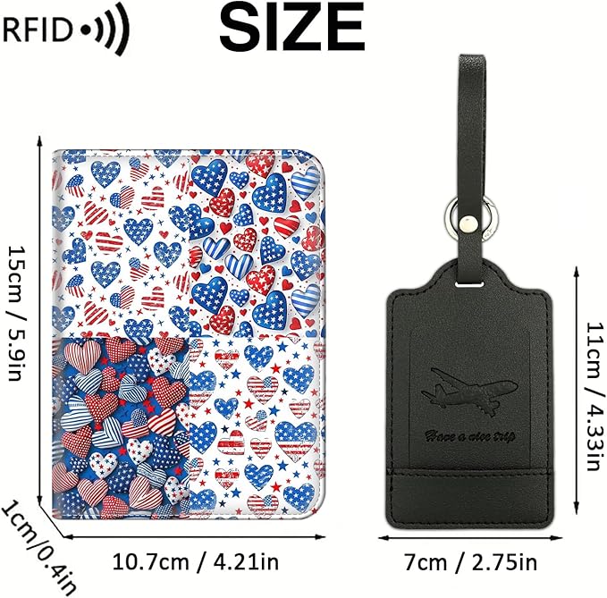 Passport Wallet, Passport Holder with RFID Blocking and Luggage Tag, Waterproof PU Leather Travel Documents Organizer Case, Passport Covers with Card Slot for Women & Men, Patriotic Americana Hearts