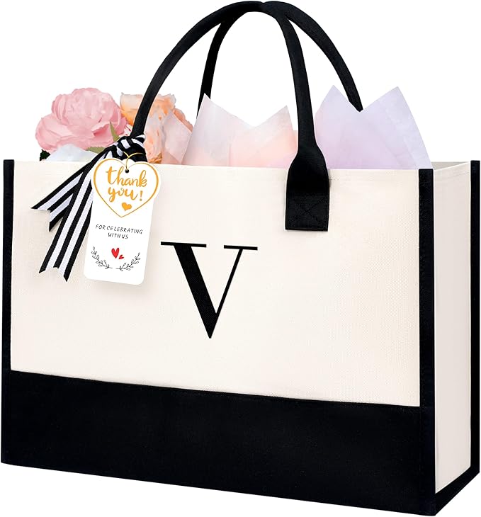 BAGAIL Initial Tote Bag, Personalized Birthday Gifts for Women, Teacher, Friends, Mom, Wedding, Monogrammed Beach Bag