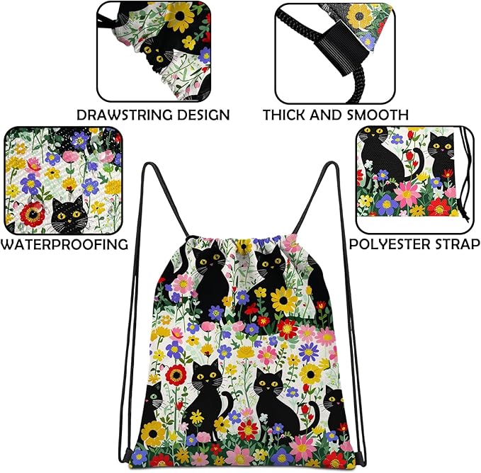 Drawstring Backpack Draw String Sports Bags for Gym Travel Beach Waterproof Cute Sackpack Men Women (13"×17")-Flower Cat