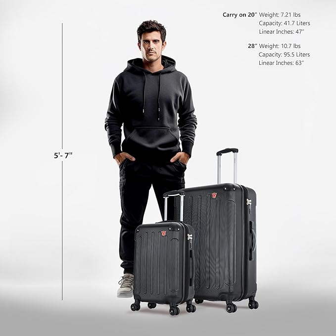 DUKAP INTELY Hardside Luggage Set with Spinner Wheel | Spacious Traveling Suitcase, Travel Suitcases with TSA Lock and Ergonomic GEL Handle | 2 Piece Set (20"/28") | Black