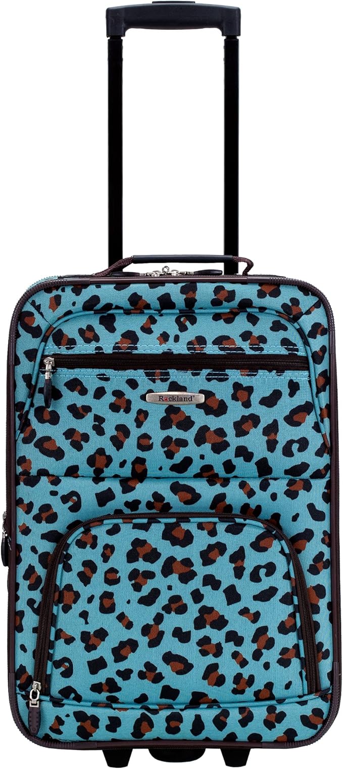 Rockland Fashion Softside 4 Piece Luggage Set, Expandable, (14" Tote/19"/24"/28"), Blue Leopard