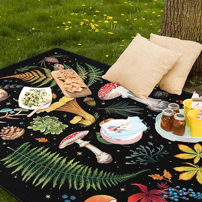 Mushroom Picnic Blankets Waterproof Foldable, 60″X80″Thick Three Layer Picnic Mat Outdoor Blanket for Grass,Cute Beach Blanket Sandproof Picnic Accessories for Camping Party Park Hiking