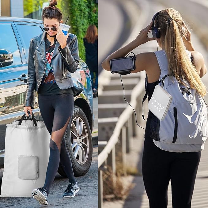 Travel Laundry Bags, 2Pcs JHX Foldable Dirty Clothes Bag 【Upgraded】 with Fixed Drawstring Net, Handles and Carabiner, Portable Laundry Bags for Travel, Fitness, and Students (Gray) 30"H x 21"W