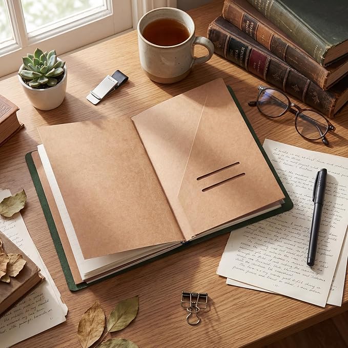 Thenshop Travelers Refillable Leather Journal Notebook Travel Diary Handmade Passport Travelers Journal for Men and Women with 3 Notebook Inserts, Pen Holder, Binder Clip(Green,A5 Size)