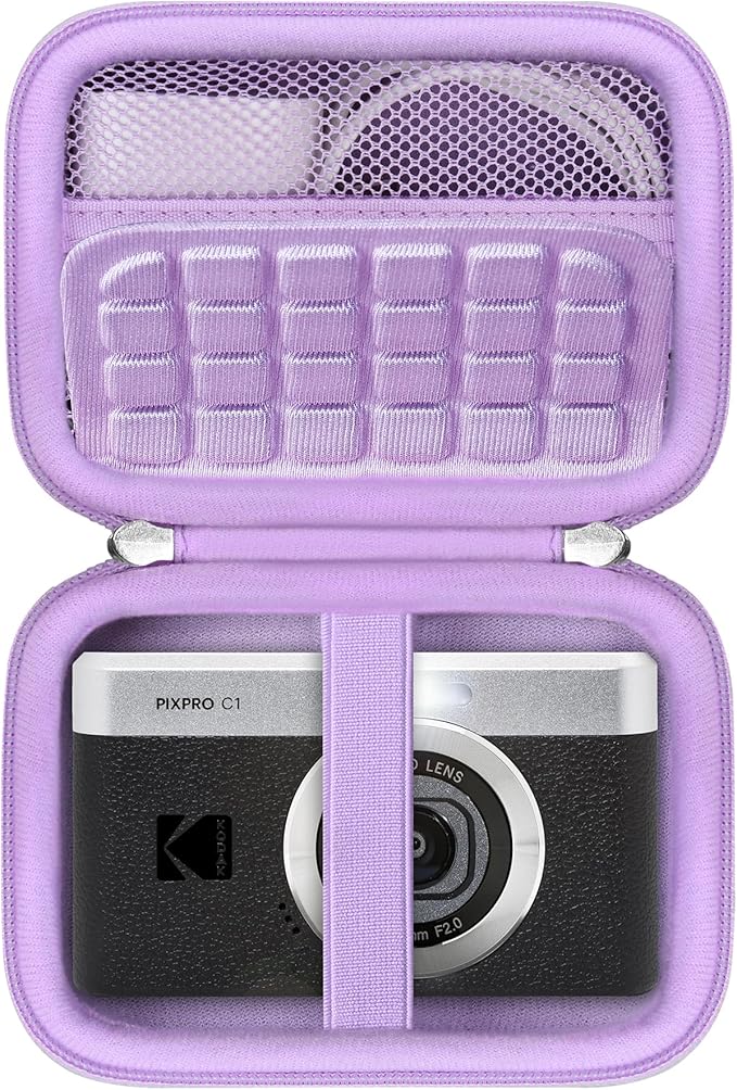 RAIALL Carrying Case for KODAK PIXPRO C1 Friendly Zoom Digital Camera, Point and Shoot Vlogging Camera Hard Travel Bag, Mesh Pocket for Charging Adapter, SD Card, USB Cable and Batteries, Purple