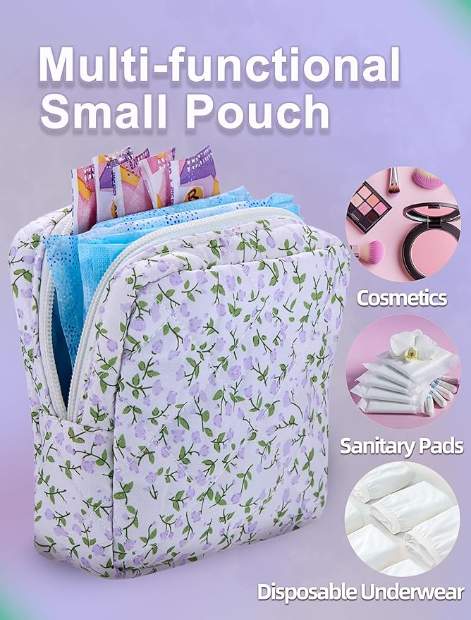Period Bag for Girls, Quilted Period Pouch for Women, Floral Sanitary Napkin Storage Bag Menstrual Pad Pouches Tampon Holder for Purse Pad Bag Gifts for Teen Girls(Purple)