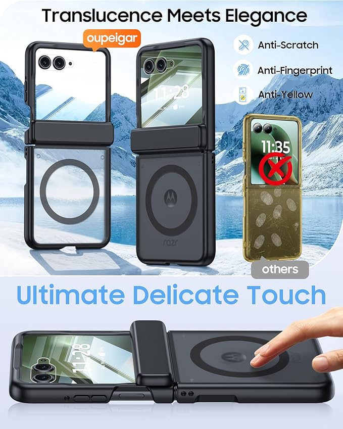 Magnetic for Motorola Razr+ Plus 2026,Razr+ 2025/2024 Case,Hinge Protection, Screen Protector, Compatible with MagSafe, Translucent Frosted, Shockproof Cover for Razr+ 2026/2025/2024-Black