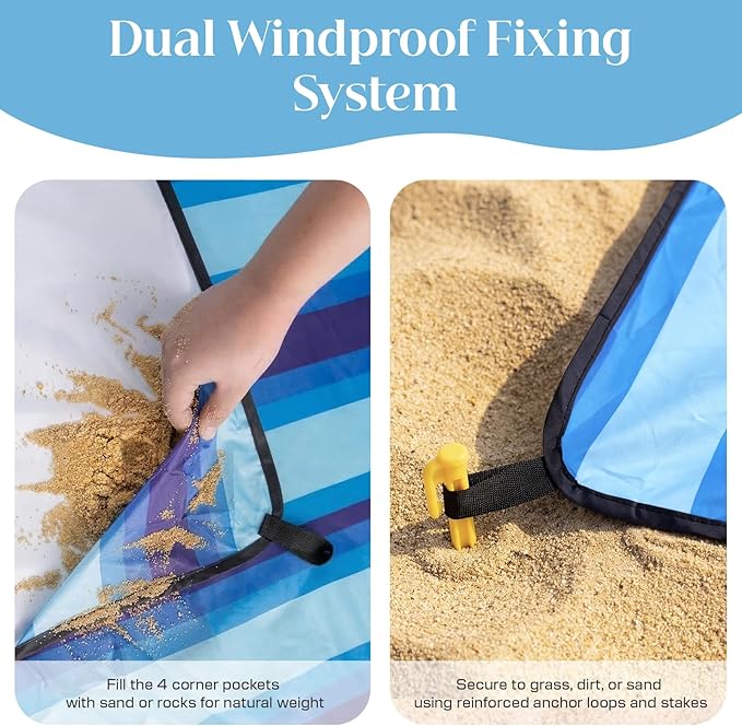 OIGAE Family Beach Blanket, 7×8 ft Sand-Free Picnic Mat for 1–4 People, Quick-Dry Lightweight Outdoor Blanket with Stakes & Corner Pockets, Blue Stripe