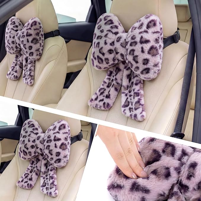 Macarrie 2 Pcs Car Neck Pillow Plush Butterfly Bow Car Headrest Pillow Comfortable Seat Neck Support Cute Head Rest Accessories for Driving Travel Driver Chair Girl Interior Decor(Purple,Leopard)