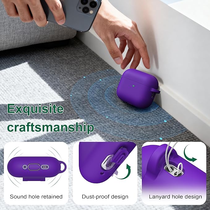 R-fun for AirPods Pro 3 Case (2025), Soft Silicone Protective Case Cover Compatible with Apple AirPods Pro 3rd Generation (USB-C Cable) for Women Men with Cleaning Kit and Keychain, Purple