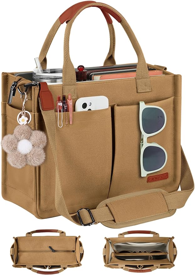 FIORETTO Womens Canvas Tote Bag Purse with Individual Compartment, Zipper Top, Reinforced Bottom & Luggage Sleeve