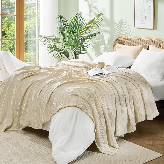 BEDELITE 100% Cotton Muslin Blankets for Adults - 4-Layer King Size Breathable and Lightweight Gauze Blanket for Couch, Bed, Travel and Summer, Soft & Cozy Gift for Women, Beige, 108"x90"