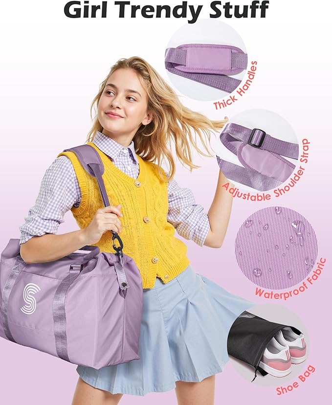 Initial Travel Duffel Bag, Sports Gym Bag, Personalized Weekender Bag with Shoulder Strap, Graduation Gift Monogram Overnight Bag for Women with Trolley Sleeve & Wet Pocket, Purple