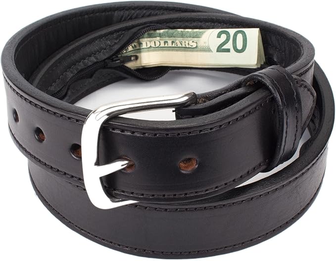 Hidden Money Pocket Travel Leather Belt (Size 50, Black)