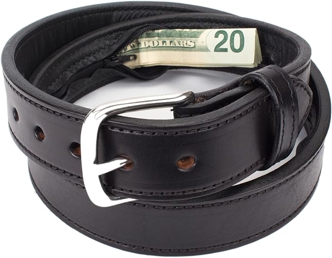 Hidden Money Pocket Travel Leather Belt (Size 52, Black)