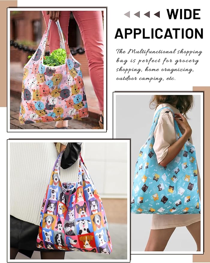 4 Pcs Reusable Grocery Bags, Foldable Shopping Bags Heavy Duty, Large Nano Bag Cute Tote Bag for Daily Shopping, Waterproof and Machine Washable (Animals)