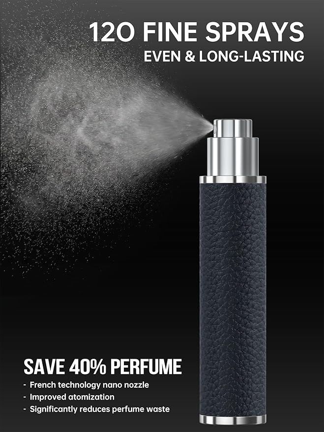 12ml Genuine Leather Perfume Atomizer Refillable, Portable Mini Cologne Sprayer with Magnetic Cap & 3 Refill Tools, Luxury Travel Size Fragrance Spray Bottle for Men & Women (Black)