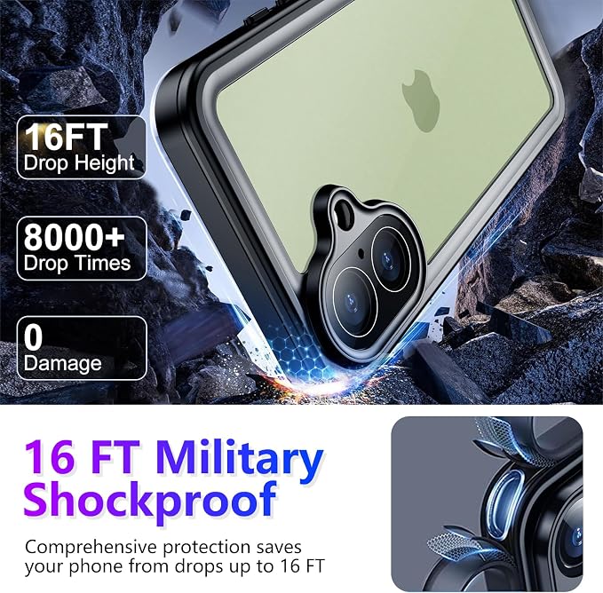 Compatible with iPhone 17 Case,Waterproof Built-in Screen & Camera Protector IP68 Underwater Full Body 17FT Military Dropproof Shockproof Phone Case 6.3"-Black/Clear