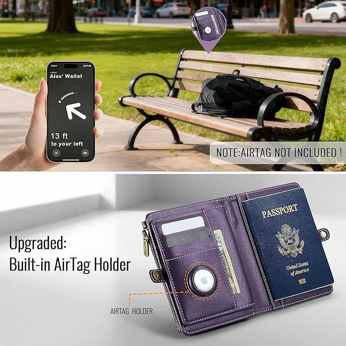 Passport Holder Wallet Bag with AirTag Holder, 11 Card Slots and Passport Solt Cash Solt Photo Solt Zipper Pocket, RFID Blocking Wristlet Strap.Purple