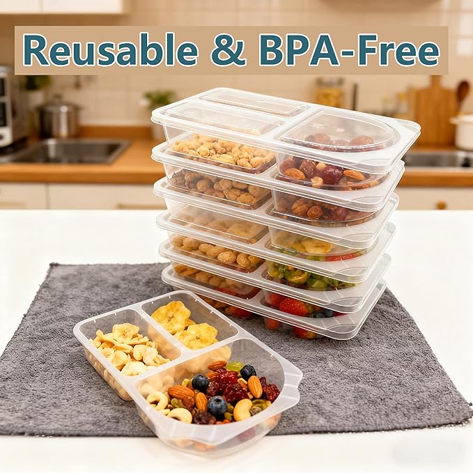 3 Compartment Snack Containers with Lids & 9oz Meal Prep Containers, Reusable Snack Pack Containers, BPA-Free Leakproof Small Food Storage, Perfect for Work, Travel & On-the-Go (10 Sets)
