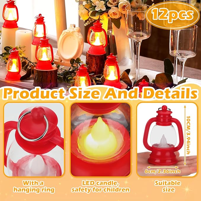 Ferraycle 12 Pcs Mini Lantern Decor 4 Inch Western Lantern Table Centerpiece Small Vintage Camping Hanging Lamp Ornaments Bulk for Cowboy Cowgirl Wedding Halloween Christmas (4 Inch,Red)
