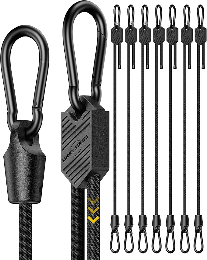8 Pcs 24 Inch Adjustable Carabiner Bungee Cords with Hooks, Easy to Adjust from 7" to 24", Black Bungee Straps with UV-Resistance & Superior Elasticity for Cargo, Bike, Luggage, Carts, Truck, etc