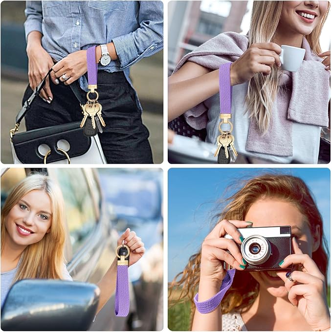 Fishent Stretchy Wristlet Keychain, Cute Key Chain, Woven Wrist Lanyard for Car Keys with 3 Keyrings and D-ring for Women Men