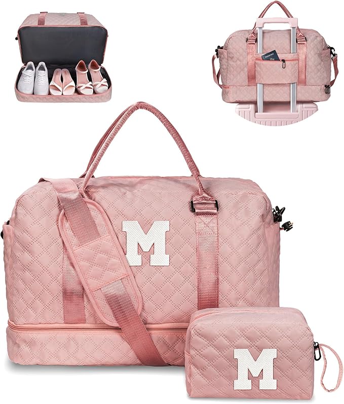Gifts for Daughter-Gifts for Teens-Girls Initial Duffle Bag with Shoe Compartment, Kids Weekender Bags, Monogram Overnight Bag, Travel Bags with Makeup Pouch，Sister Gifts (Letter M)