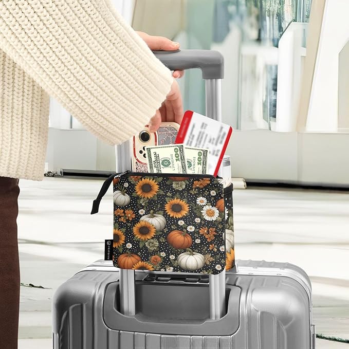 Luggage Cup Holder for Suitcases Free Hands Suitcase Cup Holder Travel Luggage Drink Holder Portable Luggage Cup Caddy Bag Carrier with Handle Black Dotty Pumpkins Sunflowers Daisy