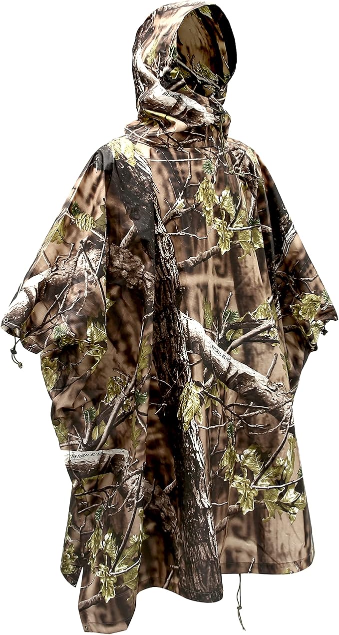 AUSCAMOTEK Camouflage Rain Poncho Hooded Waterproof Camo Raincoat with Blind Pattern for Hunting Hiking Camping Fishing