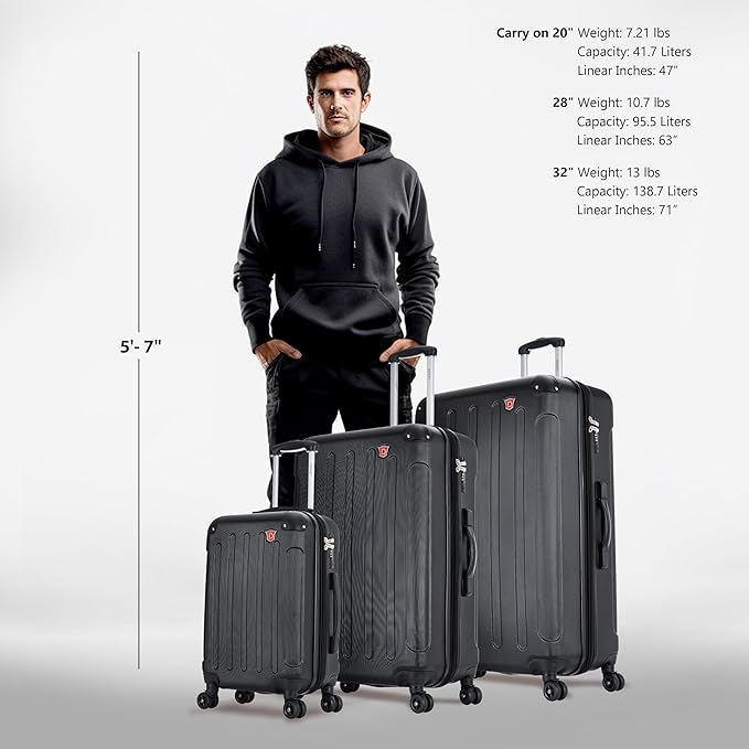 DUKAP INTELY Hardside Luggage Set with Spinner Wheel | Spacious Travel Suitcases with TSA Lock and Ergonomic GEL Handle | 3 Piece Set (20"/28"/32") | Black