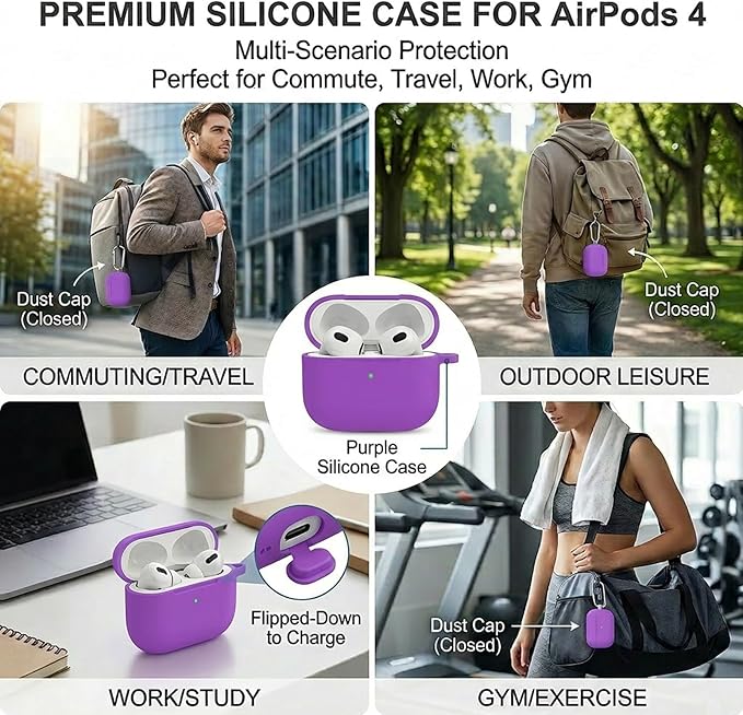 Silicone Case Cover for AirPods 4th Gen, Soft Skin, Full Protection, Keychain, Cleaner Kit (Purple)