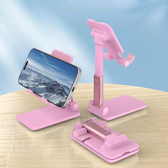 Cell Phone Stand, Adjustable Angle and Height Cell Phone Holder for Desk, Foldable and Portable, Anti-Slip Silicone Pad, Compatible with All Mobile Phones and 4-8 Inch Devices (Pink&Pink)