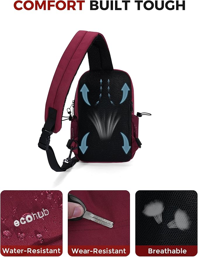 ECOHUB Crossbody Bags for Women Men, Anti-Theft RFID Blocking Sling Backpack Water Resistant Chest Shoulder Daypack, Red