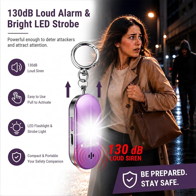Personal Safety Alarm Keychain, 130dB Dual-Sided Speakers, Lightweight Aluminum Alloy, Loud Emergency Self Defense Alarm with LED Light for Women, Kids & Seniors