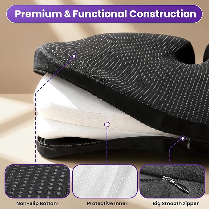 ZZ-WELL Seat Cushions for Office Chairs - Coccyx Cushion for Tailbone Pain - Memory Foam Extra Large Thick Seat Cushion 21.2 Inches, Patented Pressure Relief for Computer Gaming Chair (Black)