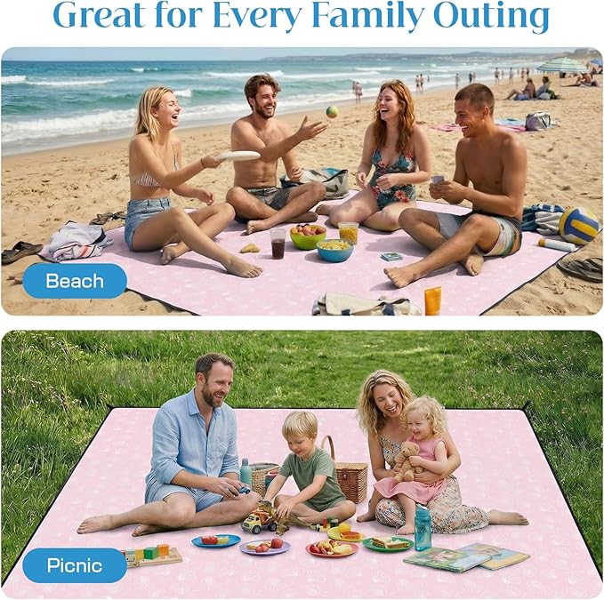 OIGAE 7x7ft Sandproof Beach Blanket - Large Waterproof Picnic Mat for 3-4 People, Lightweight Sand Free Mat for Summer Vacation with 6 Stakes & 4 Corner Pockets for Beach, Camping, Festivals