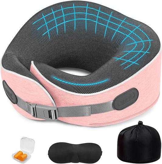 Travel Pillows for Airplanes Ergonomic Memory Foam Neck Pillow for Travel - 360° Head & Neck Support for Sleeping on Flights, Cars, Trains & Office (Pink-1)