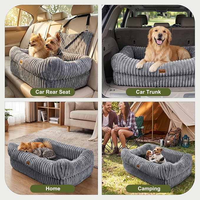 Pawaboo Dog Car Seat, Dog Booster Car Seats with Memory Foam, Thickened Cushion & Washable Removable Cover, Pet Travel Carseat Bed with Safety Leashes for Medium/Large Dogs or 2 Small Dogs, Gray