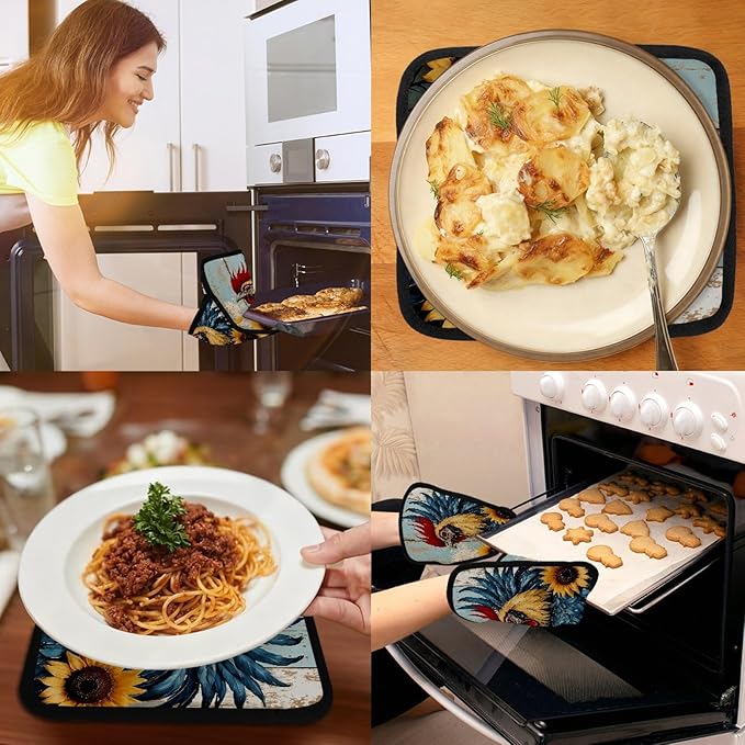 Rural Farmhouse Rooster Pot Holders with Pockets 2 PCS, Heat Resistant Oven Mitts Hot Pads for Kitchen Baking Cooking, Square Thick Pot Holders Kitchen Hot Potholders, 8.5x10 Inches