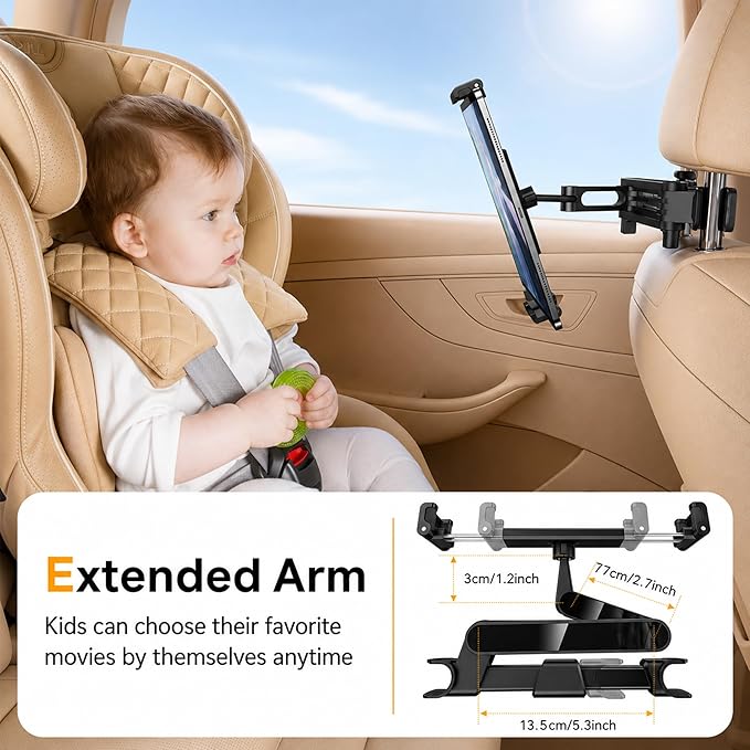 Tablet Holder for Car, 3 in 1 Extension Arm Adjustable Car Headrest Tablet Holder Road Trip Essentials Back Seat Tablets Cars Mount Compatible with iPad Pro, Air, Mini, 4.7-11" Devices