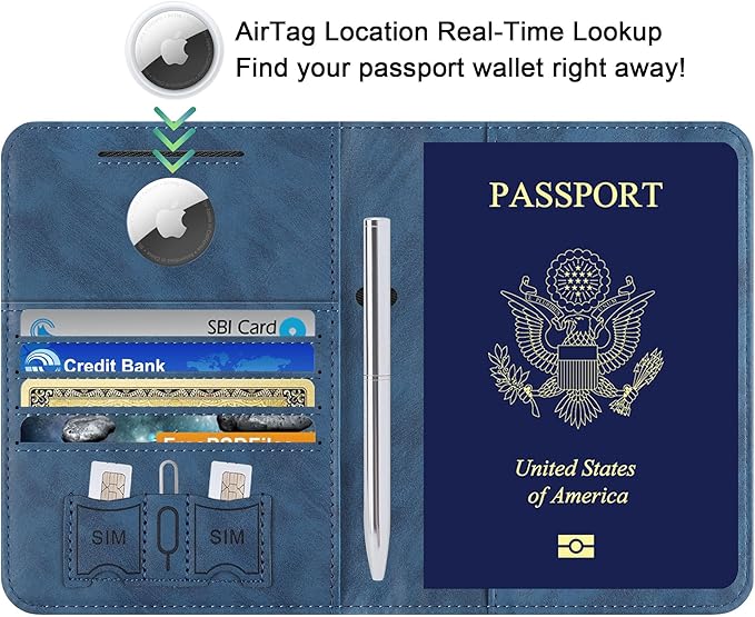 Airtag Passport Holder for Travel Essentials Wallet Rfid Blocking Cover Leather Case Vacation Travel Accessories for Women Men (601#Blue)
