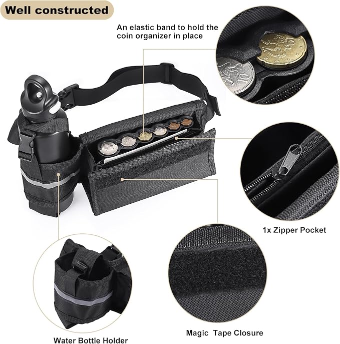 BSTKEY US Coin Holder Coin Dispenser with Water Bottle Holder, Fanny Pack with Banknote Waiters Purse Coin Sorter Coin Organizer, Black Coin Storage Bag with Belt for Waitress Serve Hiking Walking