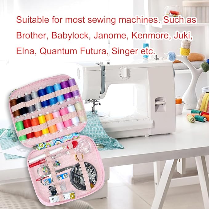 Sewing Kit with Case Portable Sewing Supplies for Home Traveler, Adults, Beginner, Emergency, Contains 18 Sewing Thread, Scissors, Needles, Measure etc,Black (Blue Flowers）
