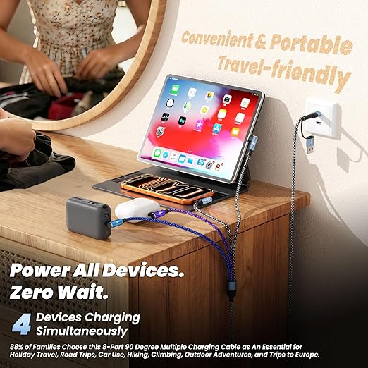 90 Degree Phone Charger, 4 in 2 Multi Charging Cable, USB C CarPlay Cord Charger Cables with Dual Type-C, Micro USB, IP Port, Nylon USBC Cord Right Angle Compatible with Phone17/16/15, Android, 5FT