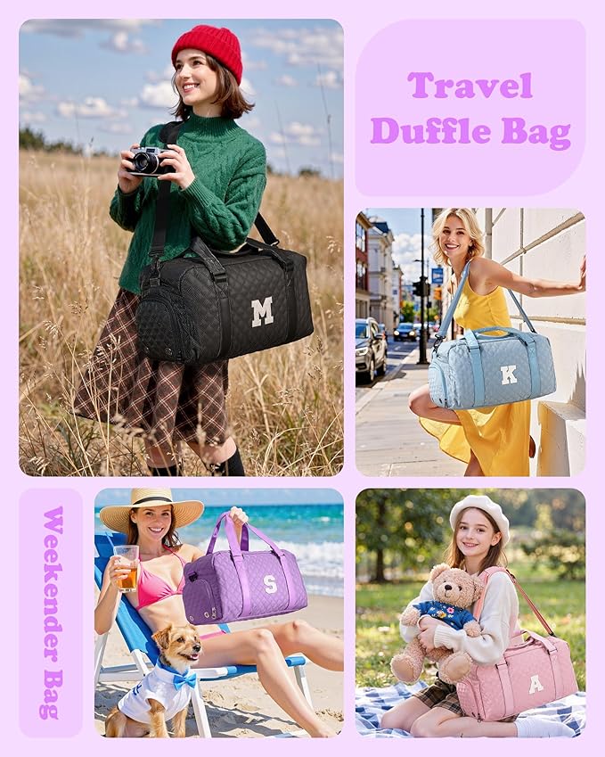 Elilier Overnight Bags for Women, Initial Travel Duffel Bag, Sports Gym Bag, Carry On Bag, Monogram Gifts for Girl Friends Female Mom Teacher