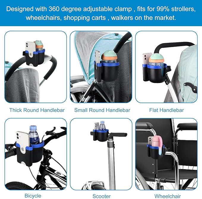 Accmor Stroller Cup Holder with Phone Holder, Bike Cup Holder, Universal Cup Holder for Uppababy Nuna Doona Strollers, 2-in-1 Cup Holder for Walker, Wheelchair, Scooter