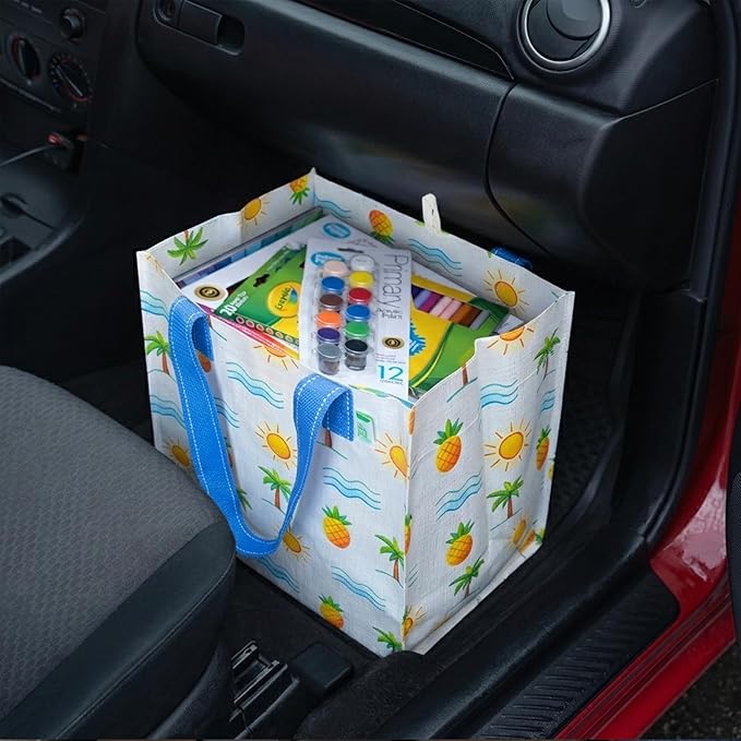 VENO 4 Pack Reusable Grocery Shopping Bags, Heavy-Duty Tote Bags with Handles, for Shopping Cart with Hard Bottom to Stand Upright, Foldable (Tropical Island, 4 Pack)